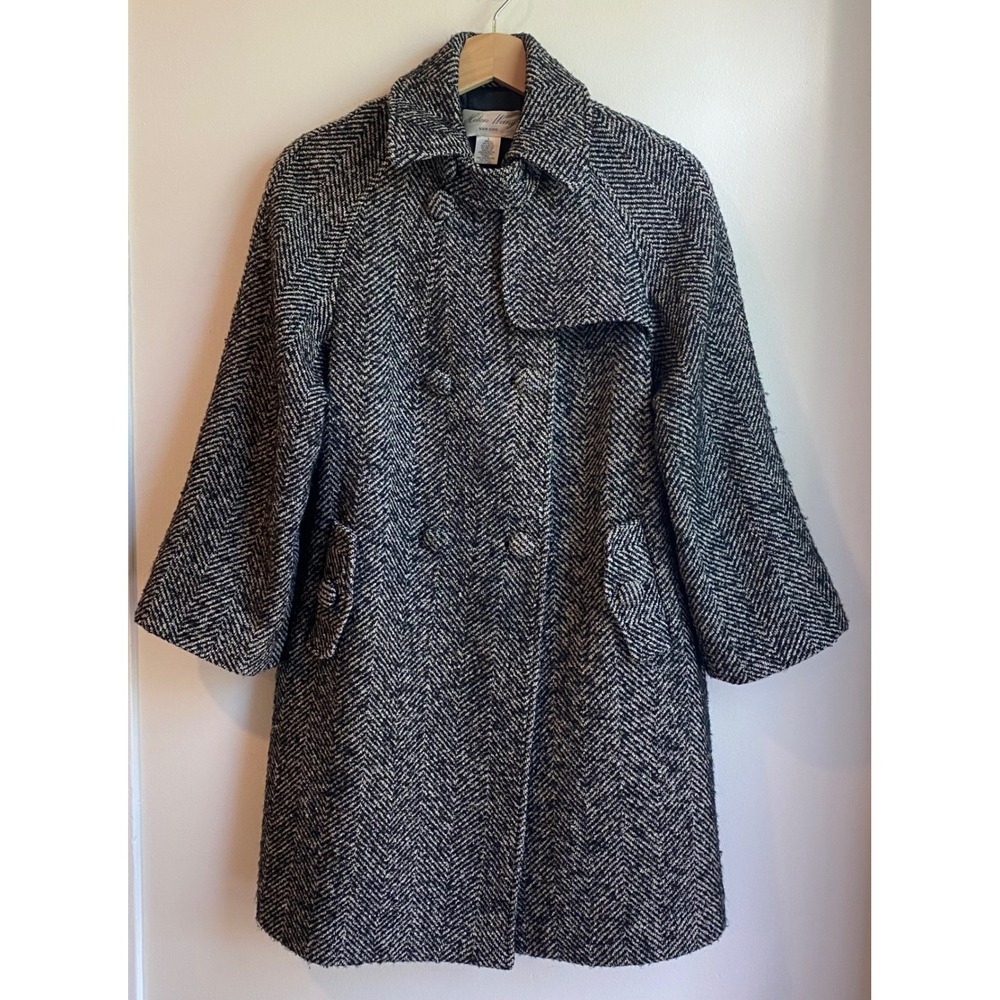 Helen Wang Trench Coat Womens Small Black Herringbone Wool Blend Classic Preppy